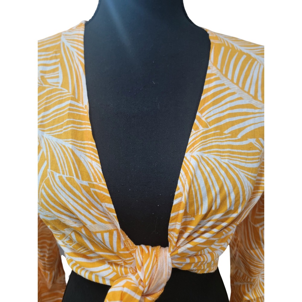 Shade & Shore Yellow Tropical Palm Print Tie Front Crop Top Linen Blend Small - Picture 3 of 6